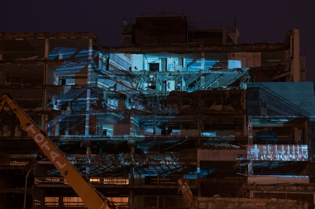 School of Architecture. New building plans projected onto a derelict building in Sheffield City Centre
