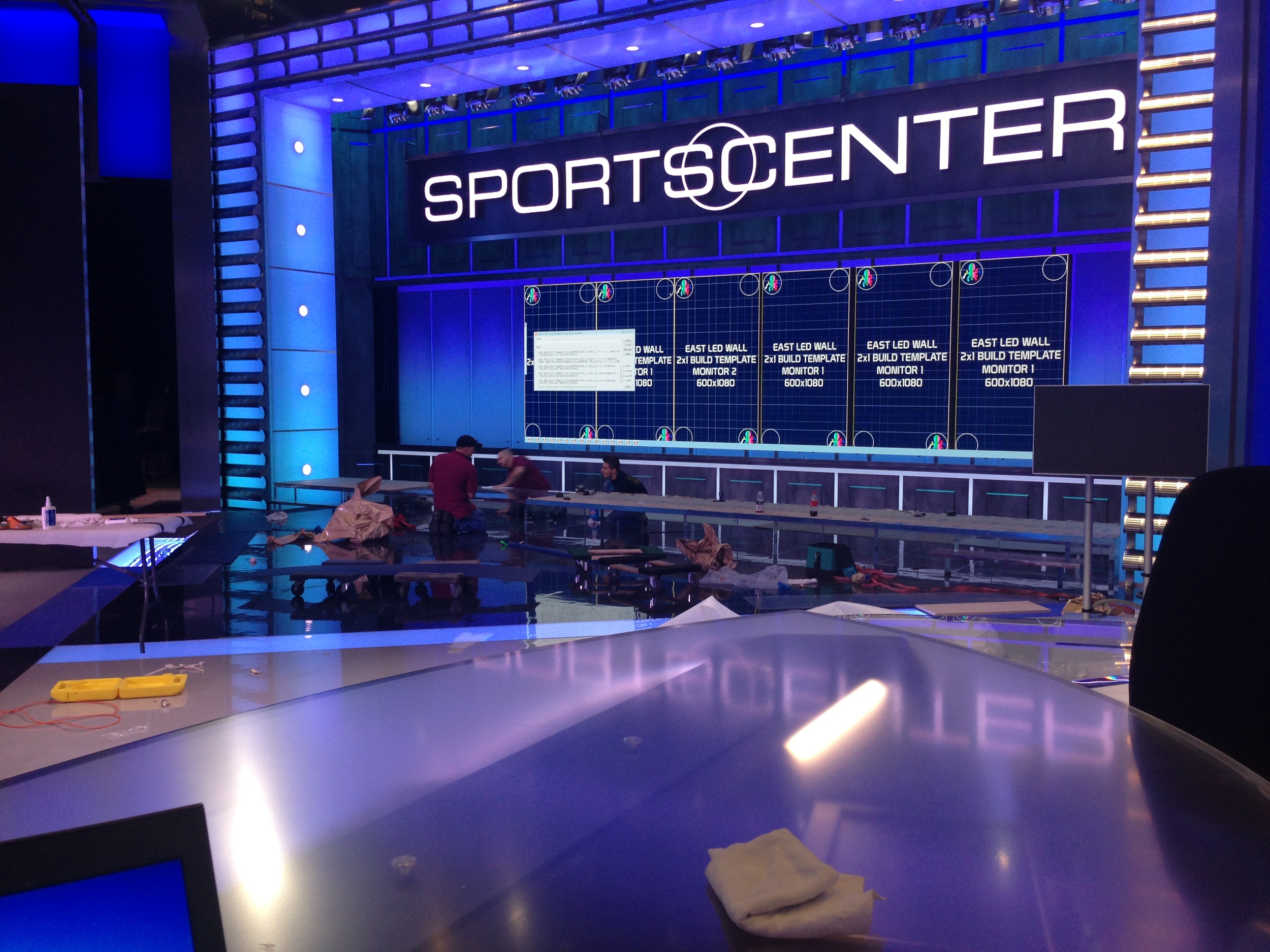 Testing video alignment and scenic automation of 6 floating LED screens that track horizontally under show control.