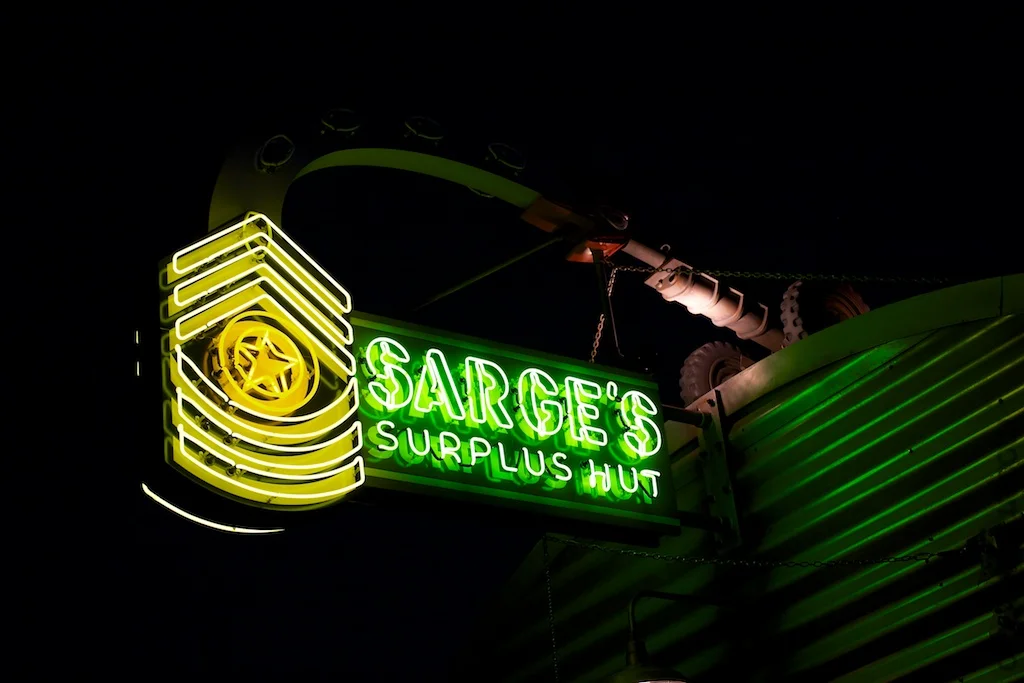 Disneyland_Cars_Land_Neon_Signs_Sarges_Surplus_Hut.jpg
