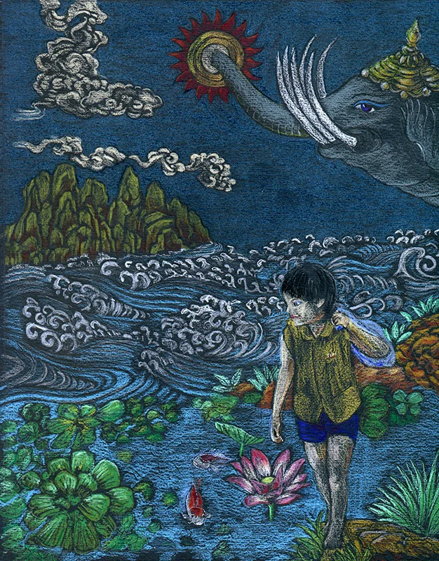 A Boy with a Bag and His Guardian Elephant