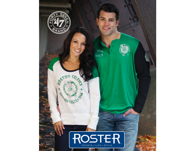 #387026-100 47 Brand Celtics Womens Long Shot Tee $50.00 #286041-300 47 Brand Celtics Mens Homefield Henley $50.00