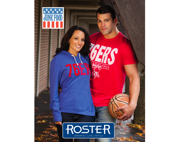 #303001-400 Junk Food Clothing 76ers Womens Sunday Hoodie $72.00 #161006-600 Junk Food Clothing 76ers Mens Champion Tee $34.00