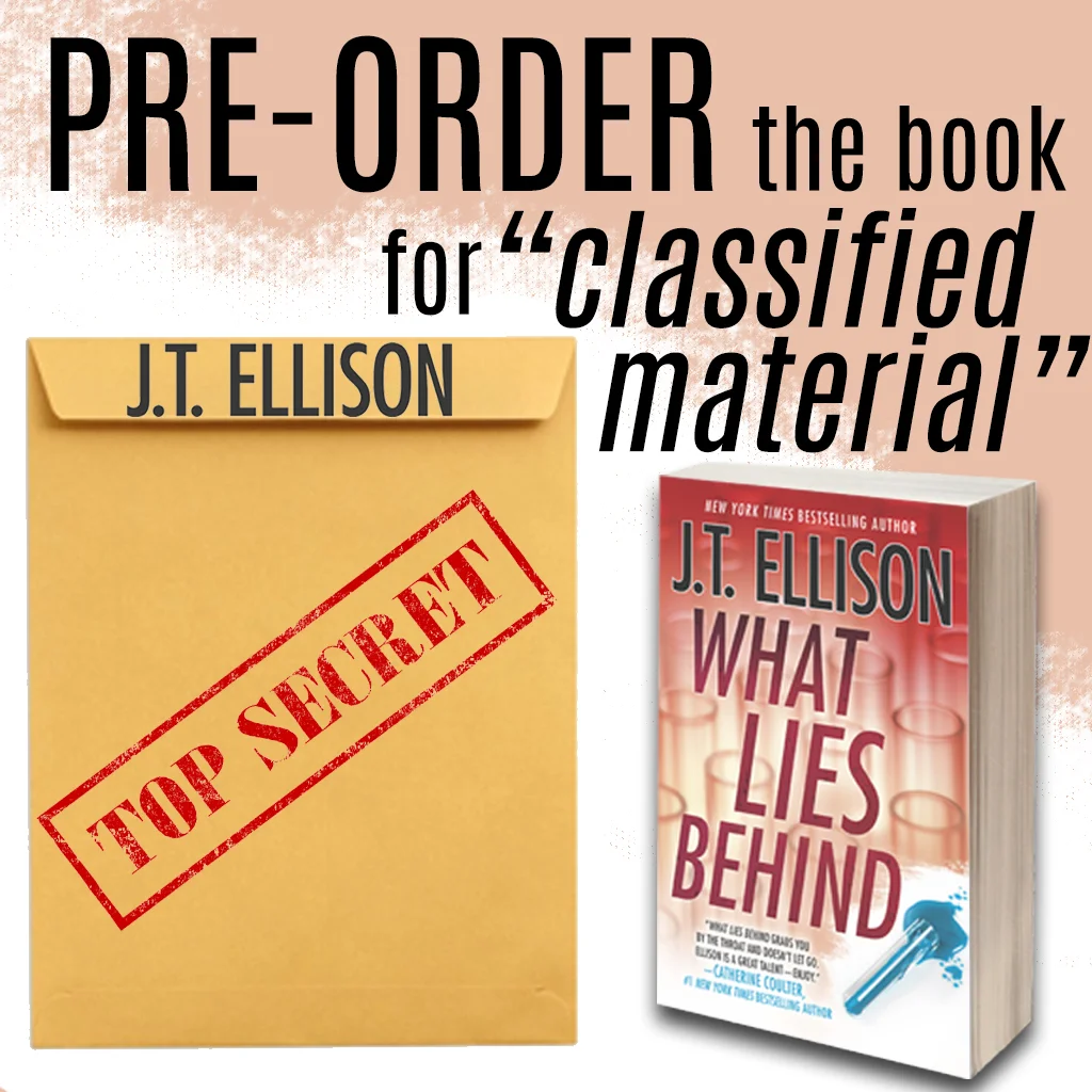 Want a special “director’s cut” (okay, editor’s cut) of a chapter in WHAT LIES BEHIND? When you pre-order the book and send your receipt to tmgebooks@gmail.com , you’ll receive classified material from my top-secret author files, downloadable to your e-reader or other device.