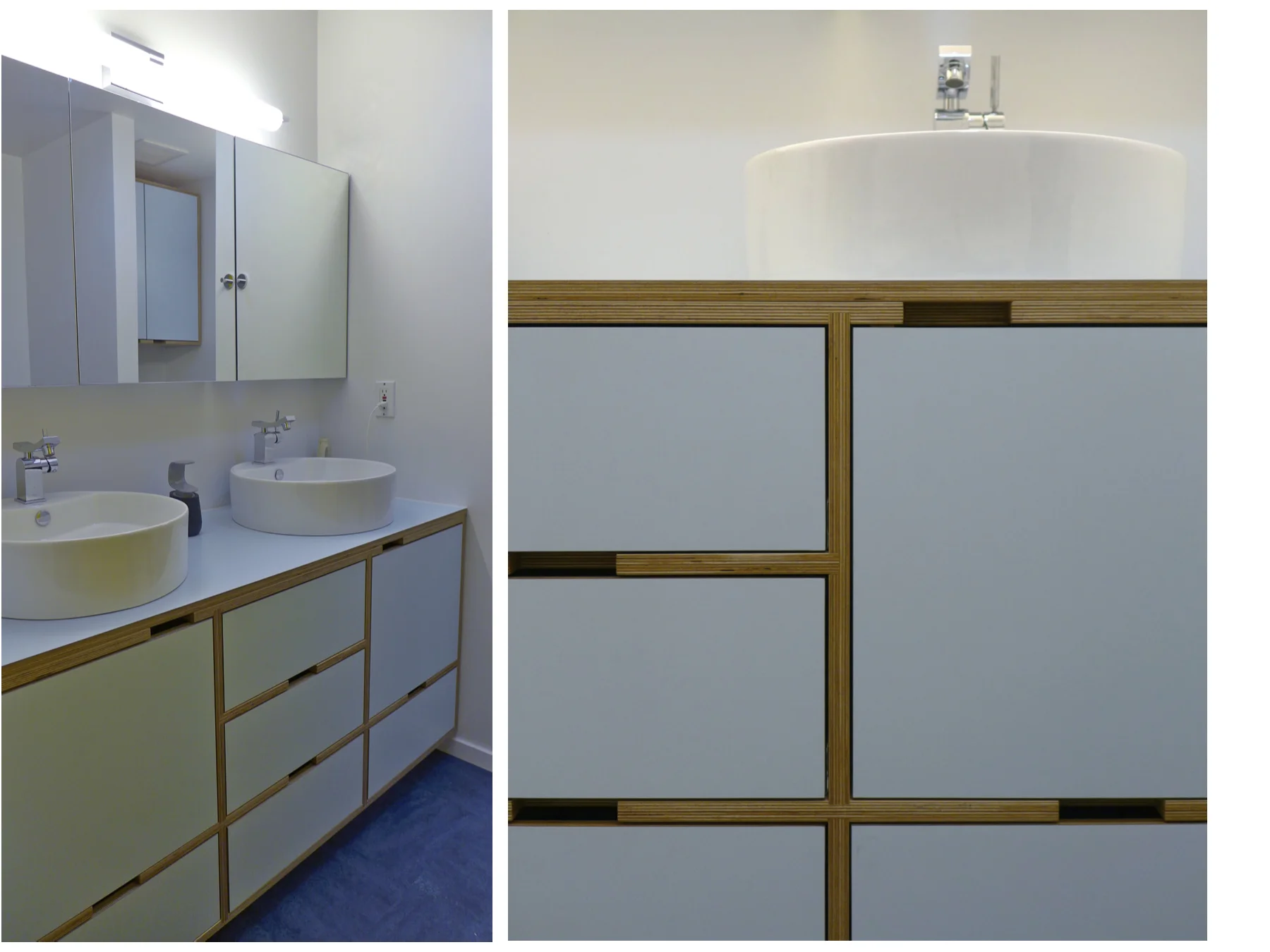     blue + sky   This family bathroom received a facelift thought a built-in vanity, two top-mounted sinks, a spacious medicine cabinet and new bathroom lights. The result is a refreshingly clean look and plenty of (organized) storage.  In collaborat