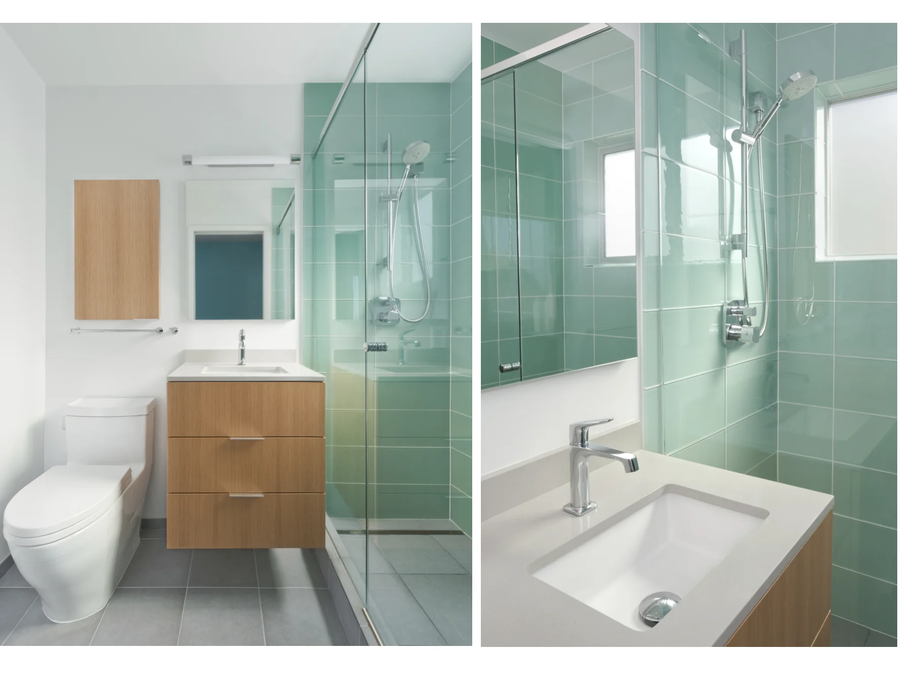   aqua + spas   This Oakland Hill home received a face-lift with the remodel of the Master and Guest bathrooms. Big-scale floor and wall tiles make these small bathrooms appear spacious. The glass tiles reflect the light with a luminescent glow. With