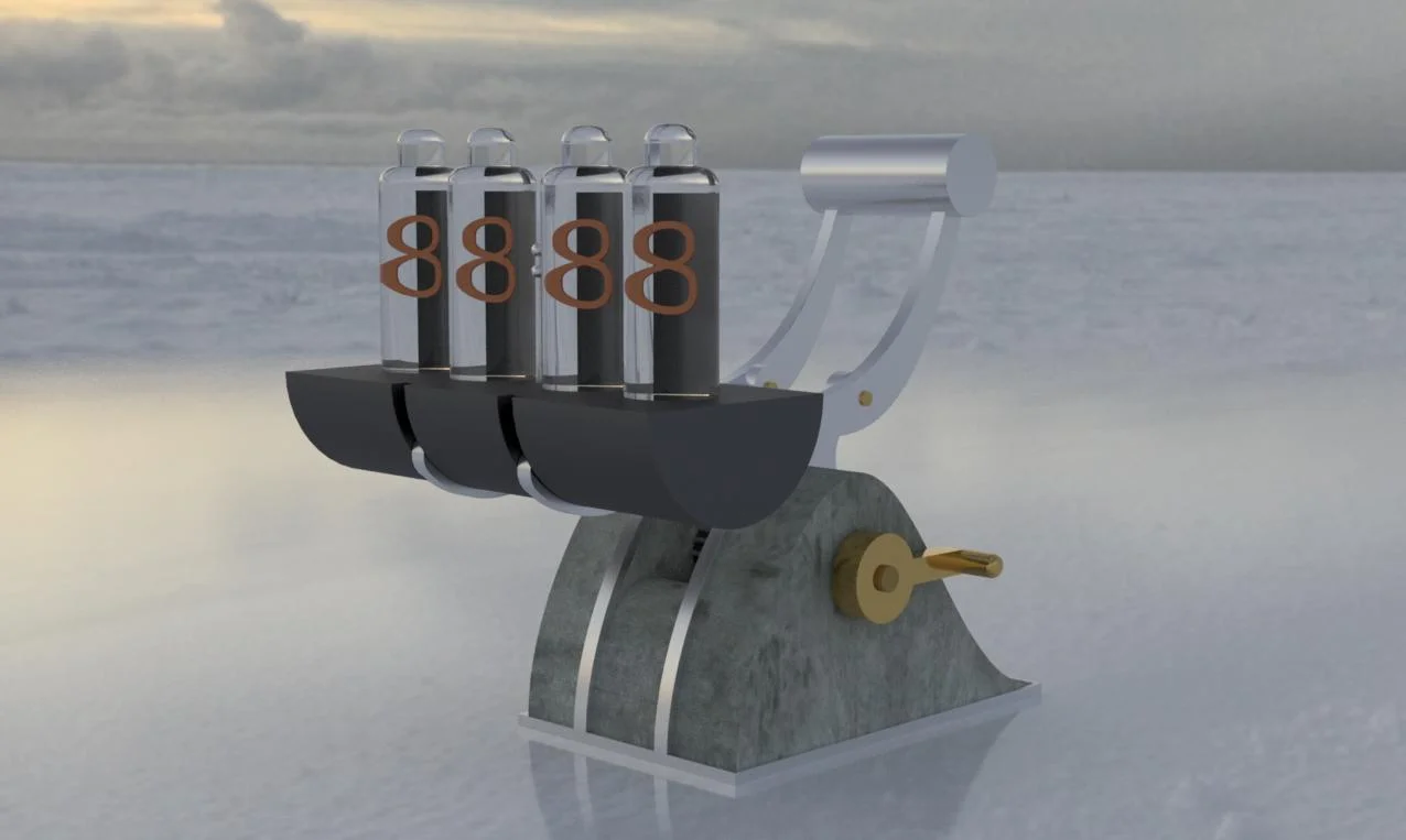 Digger Nixie desk clock This is another take on a desk Nixie clock developed around the same time as Wing but not taken any further yet. It combines all the usual BLOTT WORKS elements - concrete base, handle and gear mechanism, aluminium frame etc - with a four tube Nixie clock. Turn the handle and the clock bucket is raised and lowered, mainly for the fun of it but also to offer different positions/shapes.