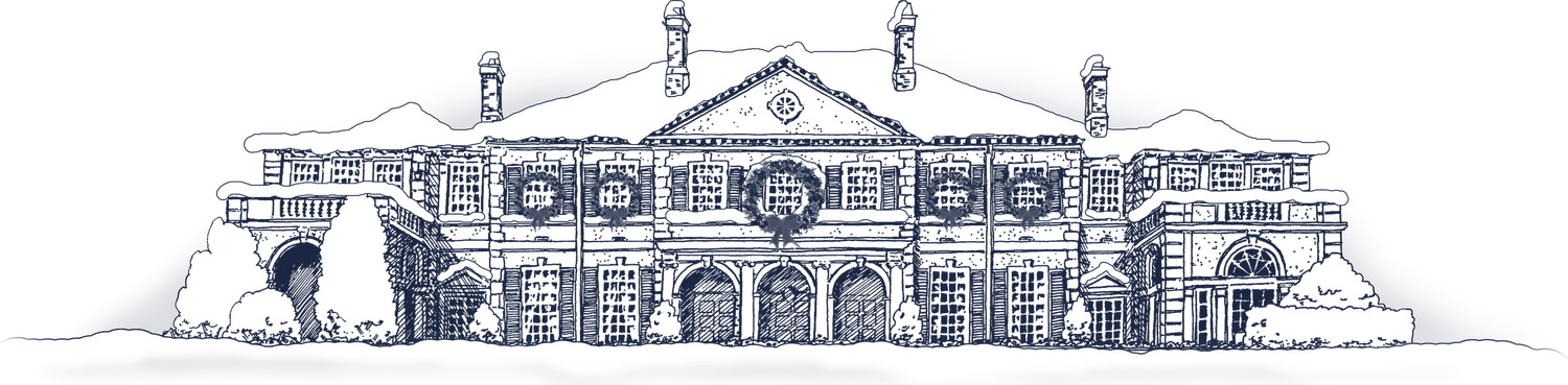 Pen-and-ink drawing of the Tennessee Residence dressed in wreaths and snow