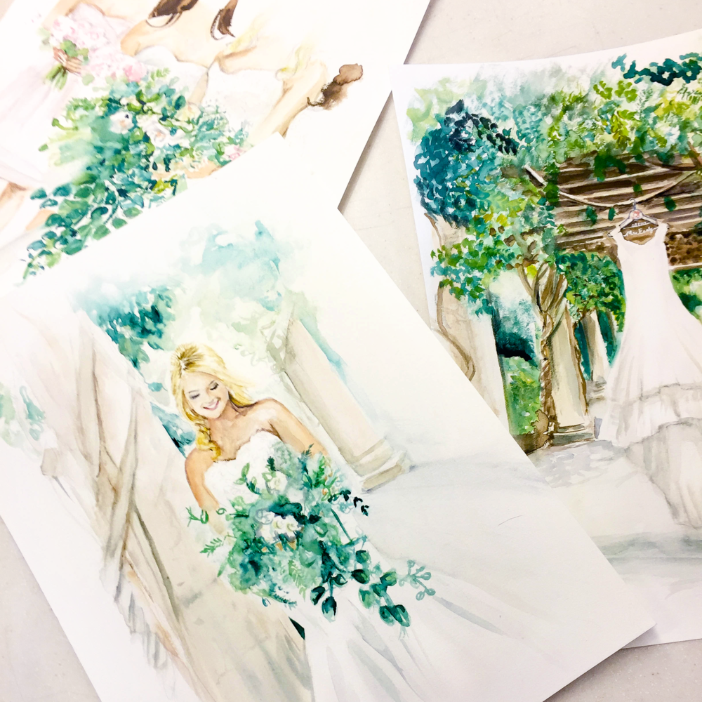 Custom bridal bundle: Four watercolor illustrations featuring the bride, bridal party, shoes, and dress