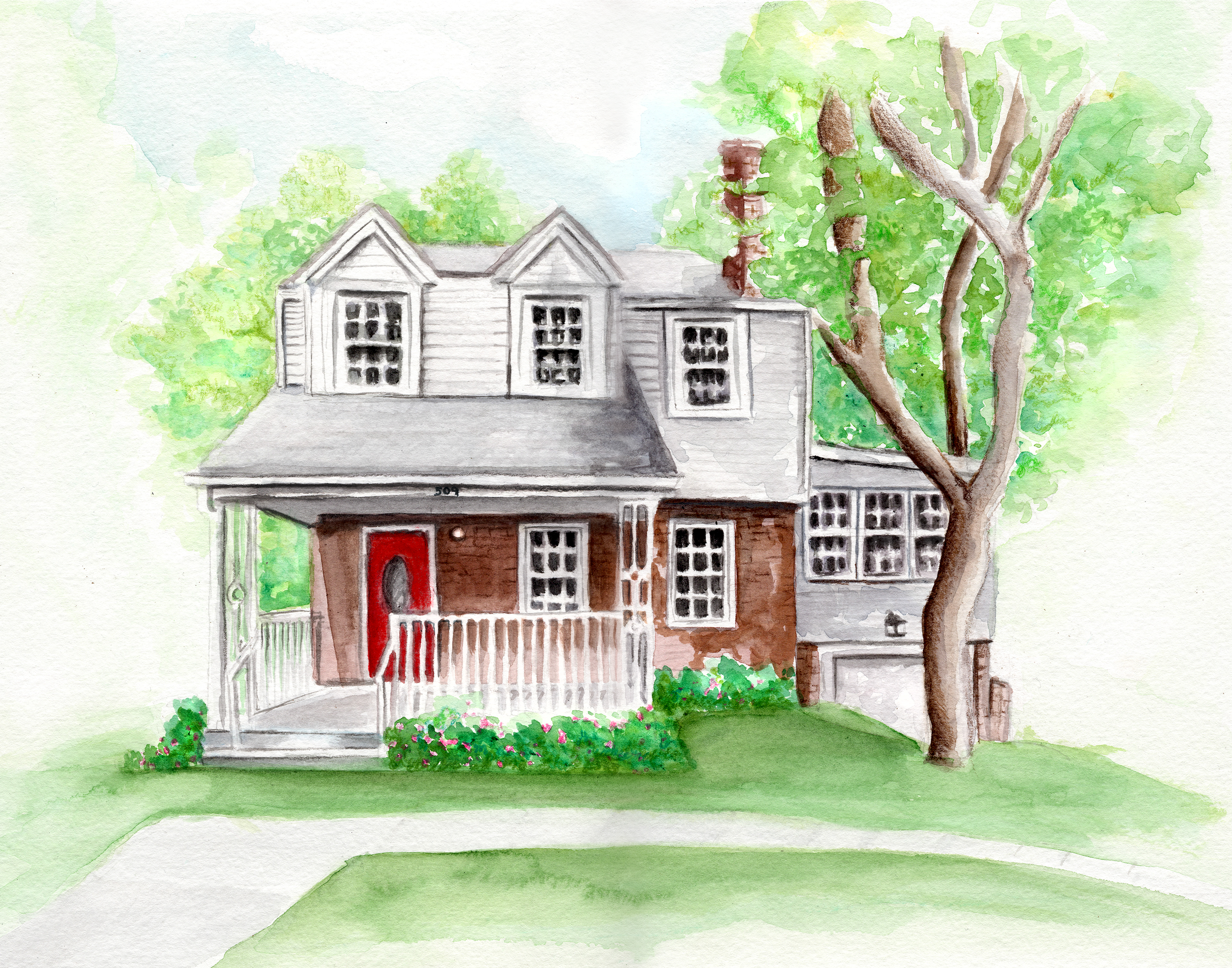 Custom home watercolor, 14"x11"