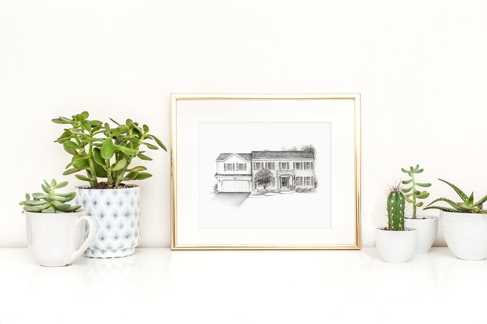 Custom home sketch, 14"x11"