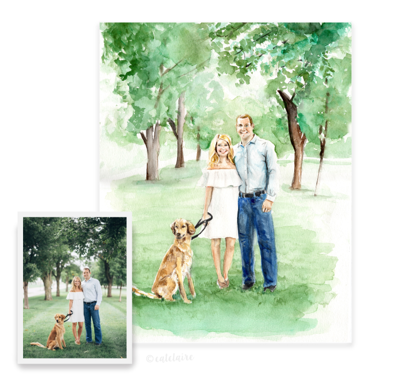 Full color watercolor engagement portrait