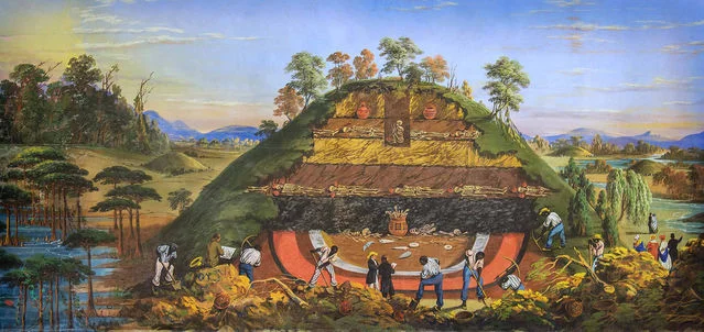 John J. Egan; Huge Mound and the Manner of Opening Them, scene twenty from the Panorama of the Monumental Grandeur of the Mississippi Valley, c.1850