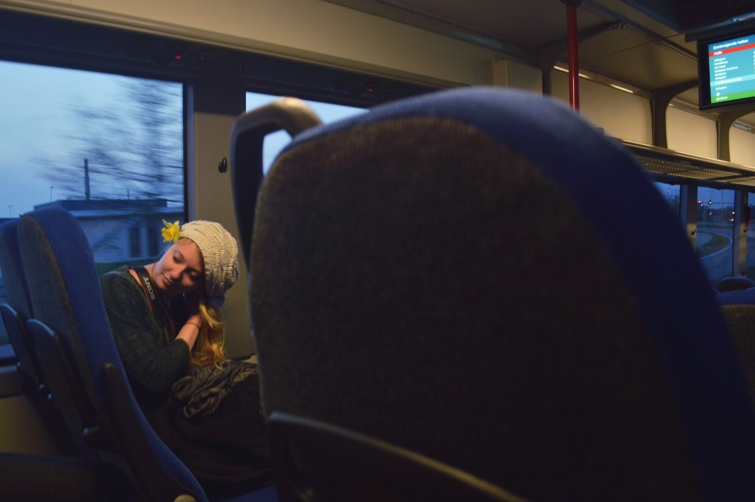 Caitlin on a bus from the Kukenhoef, a tulip garden in the Netherlands.