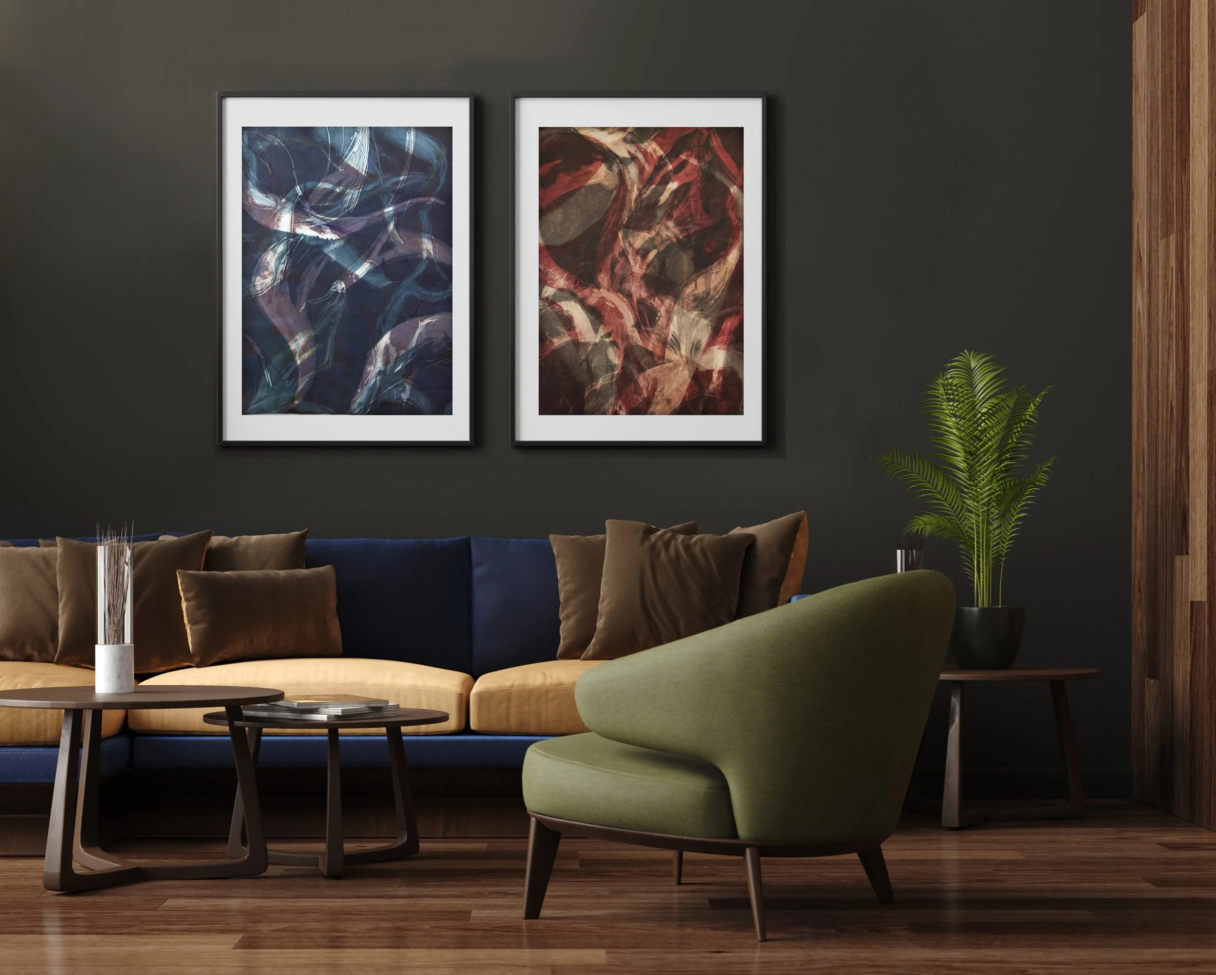 framed monoprints by eunice kindred in a living room