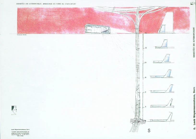 The sloping tower is adjacent to the N1 autobahn, acting as a metaphorical drawbridge into the city.