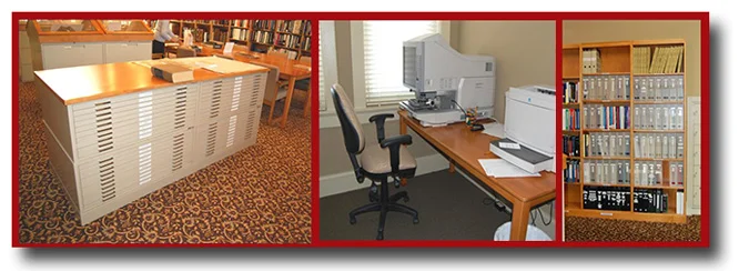 The Edward L. Hutton Research Library's map case, microfilm room, and Lawrence County school yearbook collection