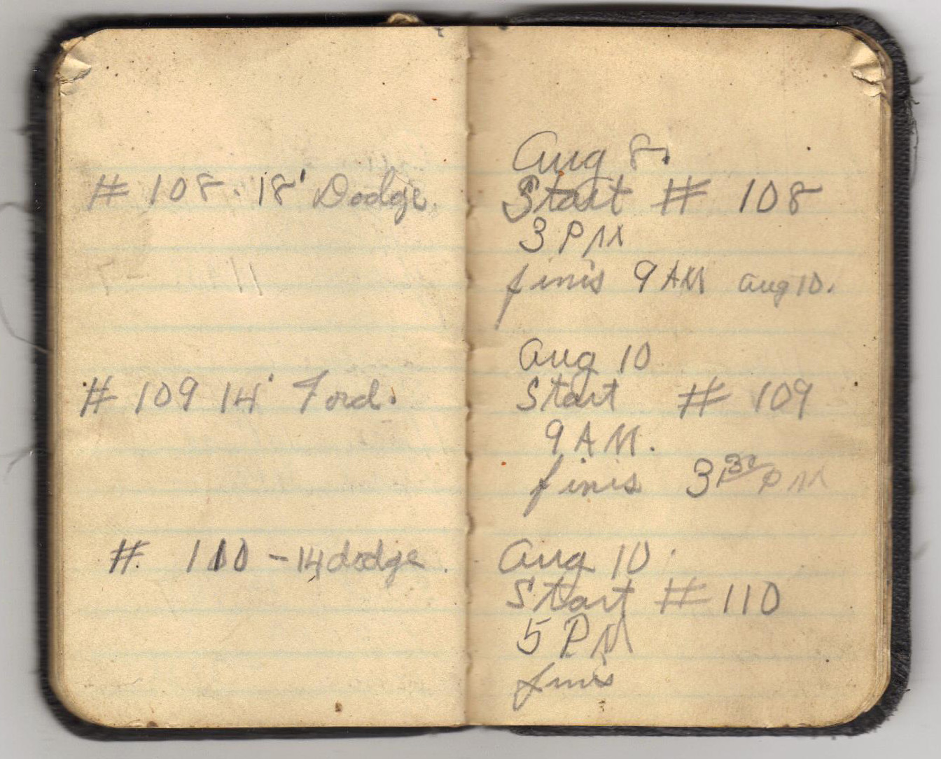  Pages from Ollie Eager's 1936 handwritten log book. 