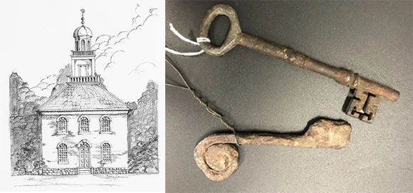The brick and stone courthouse at Palestine was two stories high and 45 feet square. Frank Edler and Muriel Koetter created this drawing using historical records. The 200-acre town contained 276 lots. The key to the Palestine courthouse is shown at the top and below it, is the key to the Palestine jail. 