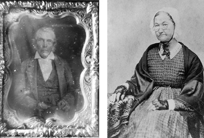 BEDFORD'S FIRST RESIDENTS: Samuel D. Bishop (left)—carpenter and builder in both Palestine and Bedford. Hulda Daniels Bishop, her husband, Samuel, and their children were Bedford’s first residents.