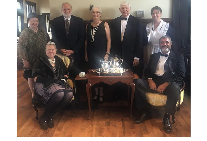“Downton Tea at the Downtown Depot” volunteers: (l-r standing) Rowena Cross-Najafi, Jeff Routh, Becky Buher, Jim Buher, Jeannette Albertson; (seated) Lawanna Morris and Byron Morris.