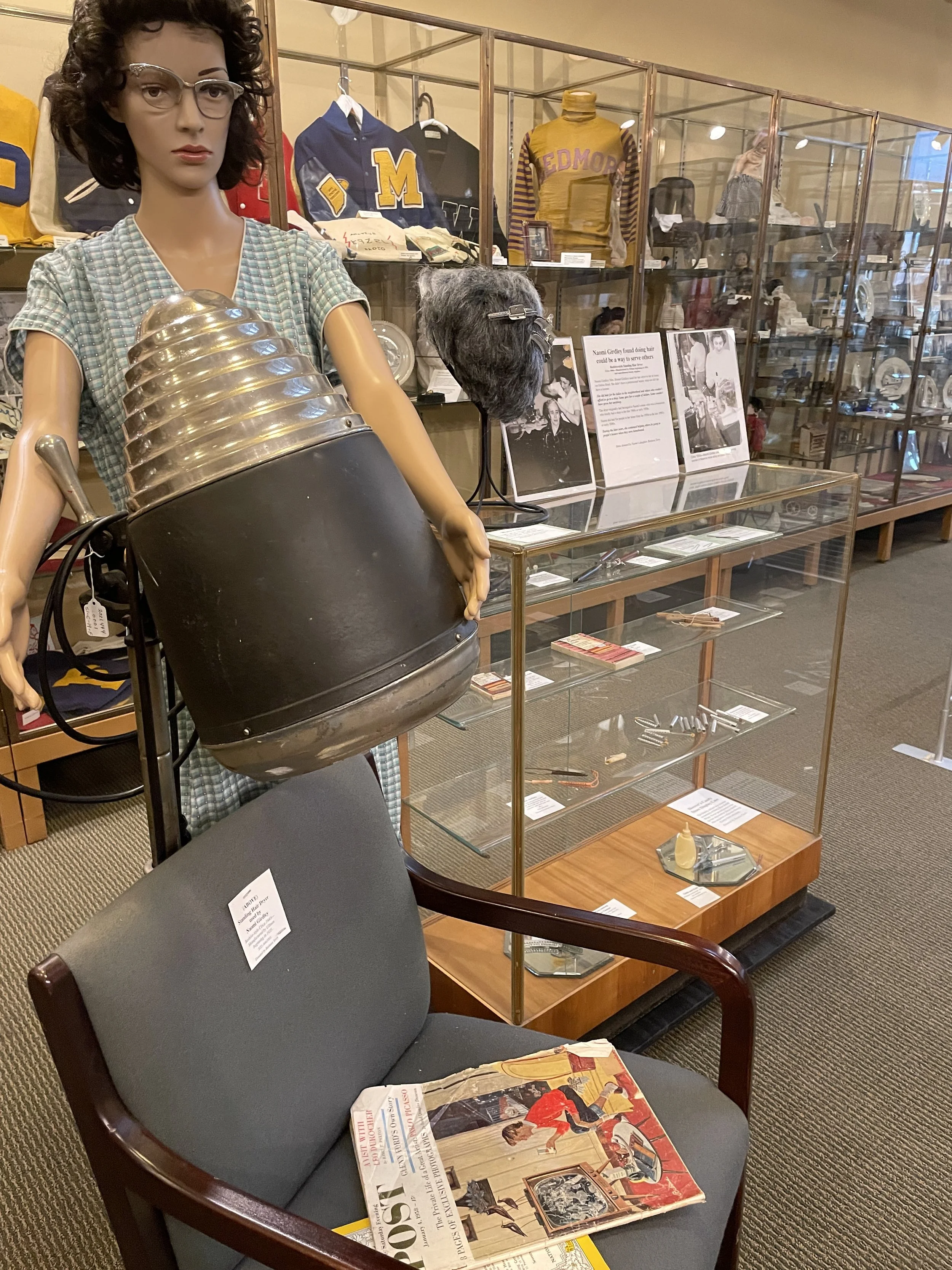  The circa 1940s beehive-style standing hair dryer was used by Naomi Girdley. The dryer was manufactured by Ullman beginning in 1935. 