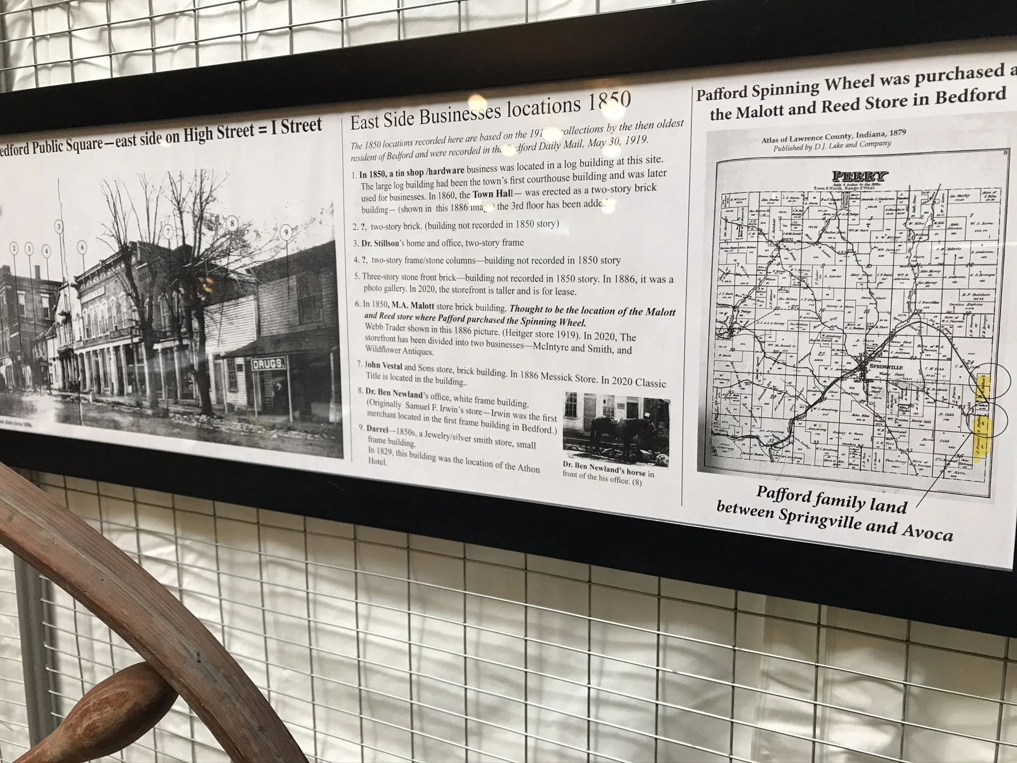  Bedford’s downtown east side businesses in the 1850s. the map at right indicates the Pafford land located in Perry Township between Springville and Avoca. 