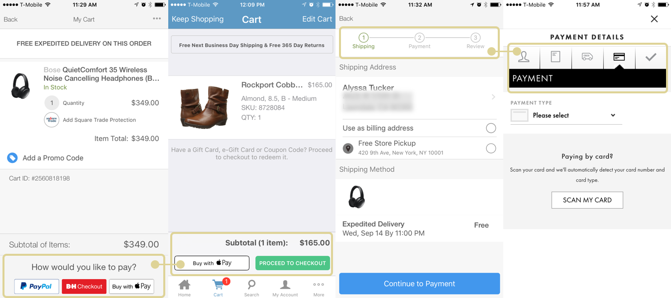 Feature comparisons between B&H, Zappos! and ASOS