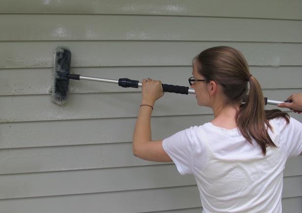 BUDGET ALTERNATIVE: WASH EXISTING SIDING Cleaning vinyl siding costs next to nothing, so homeowners who can't stomach spending thousands on stone may want to invest some elbow grease instead. The Vinyl Siding Institute recommends using a soft-bristled brush, mild soap, and water to clean siding. Its website also features a list of recommended cleaners for grimier jobs and specific stains such as rust or grease. Power washers are fair game as long as the siding manufacturer allows them, but be sure to follow all directions. For instance, aiming a power washer higher than eye level can drive water behind the siding, experts warn.
