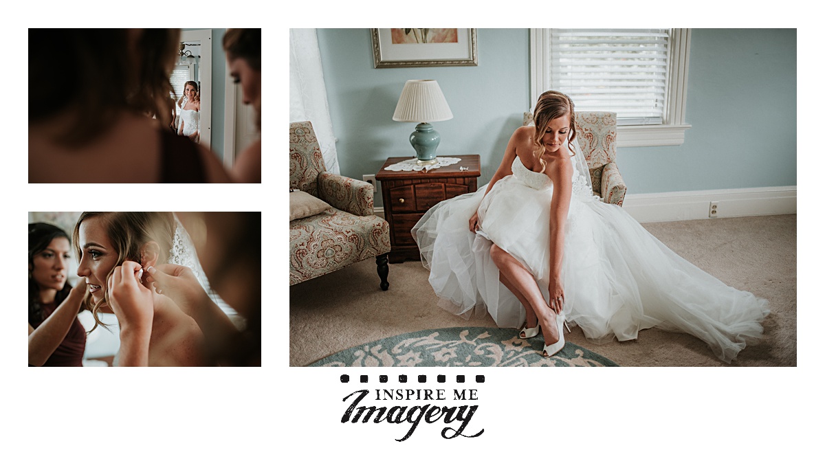 Brides always look beautiful as they gently reach down to adjust the heel of their shoe.