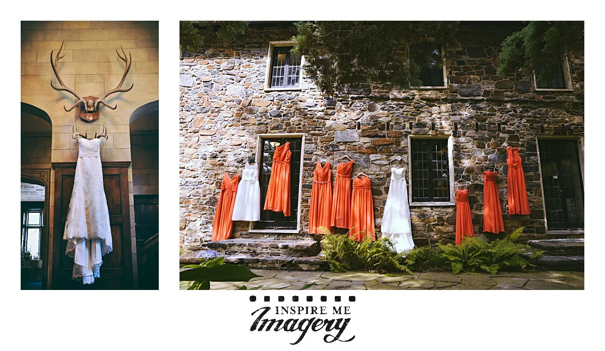 The antlers made for an awesome spot to feature the wedding dress, and the outside of the building was a perfect backdrop for the bridal gown and the bridesmaids dresses.