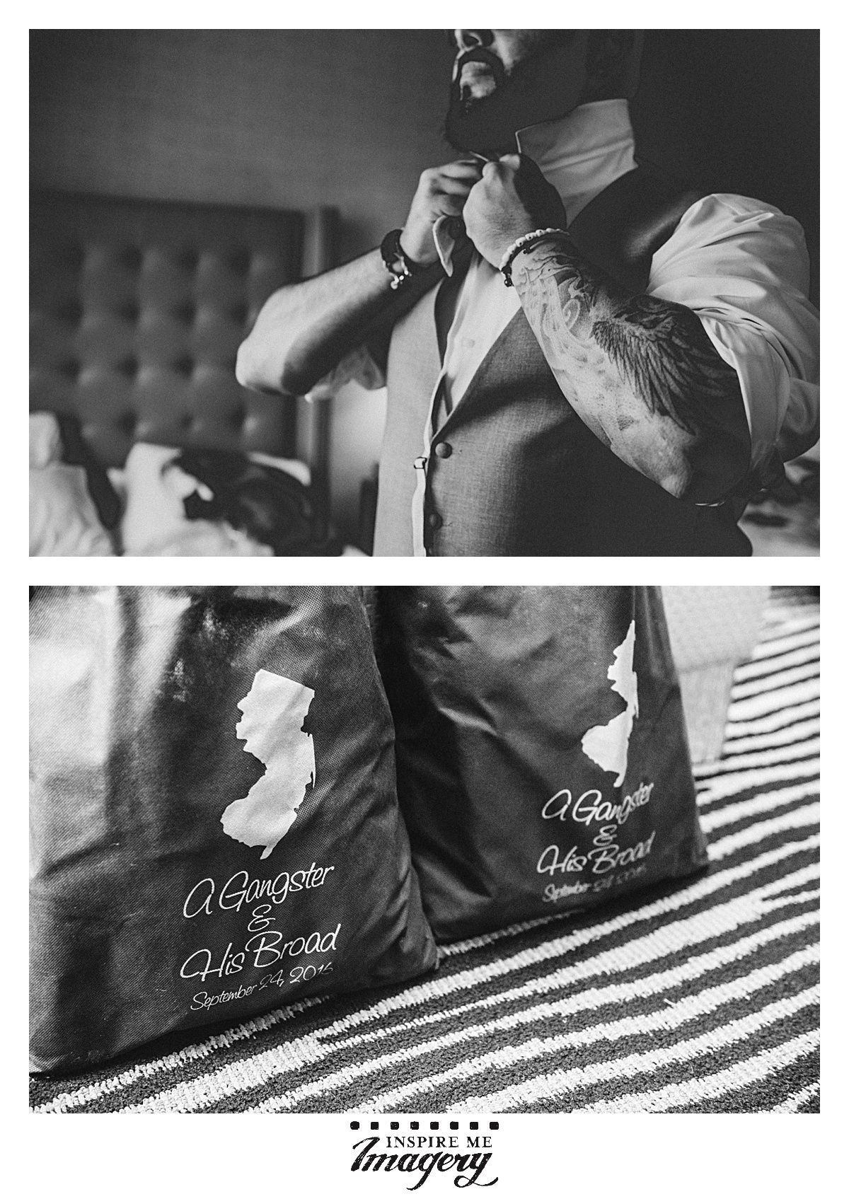 We have a soft spot for bitchin' tattoos. Also, look at these amazing wedding favor bags! A Gangster & His Broad. Looooove it. 