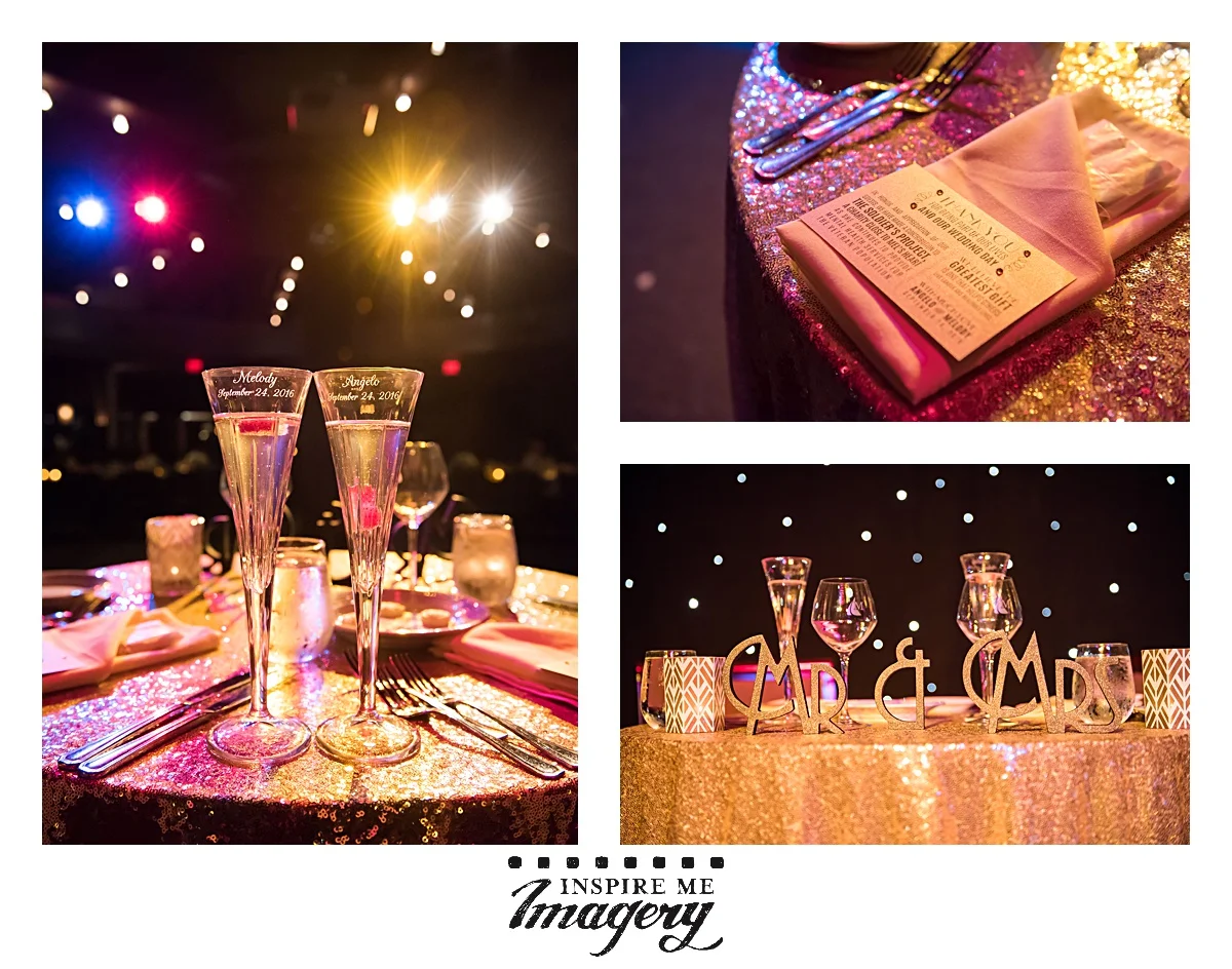 The beautiful sequined gold tablecloth and the lights on the stage made for the most delicious photos of the sweetheart table. They had engraved champagne flutes and a Mr. & Mrs. display in a perfect font to fit the 1920s theme of the wedding.