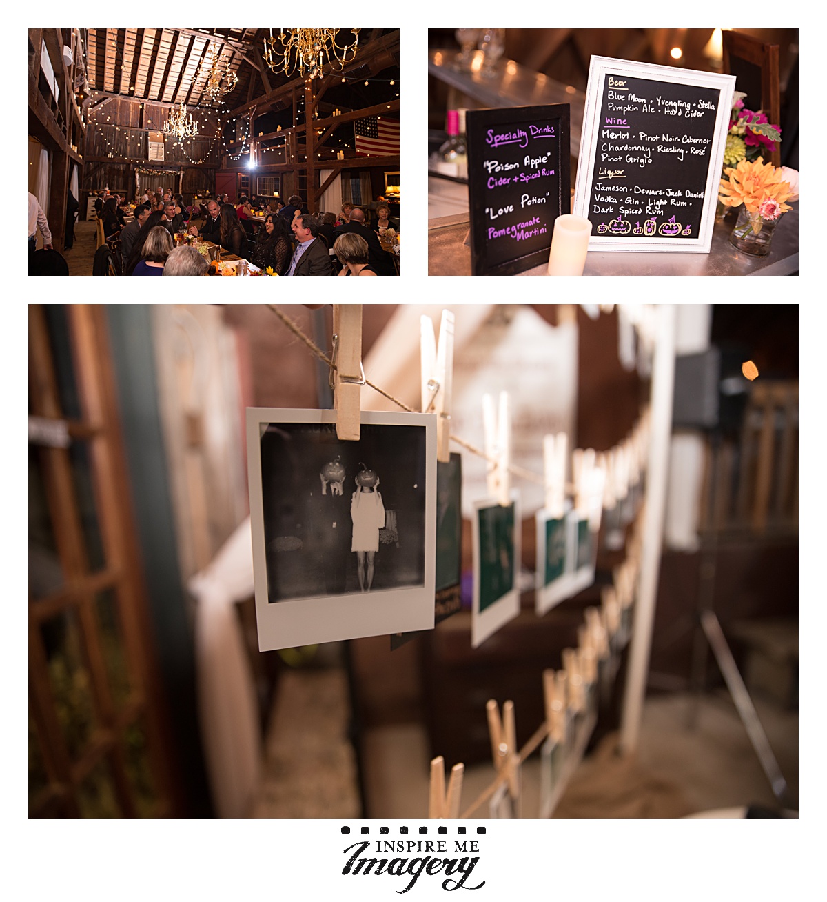 Alright, I'm obviously biased, but I love this shot featuring our Polaroid Pin-Up booth. <3 And look at their signature cocktail menu! Perfect for a Halloween wedding.