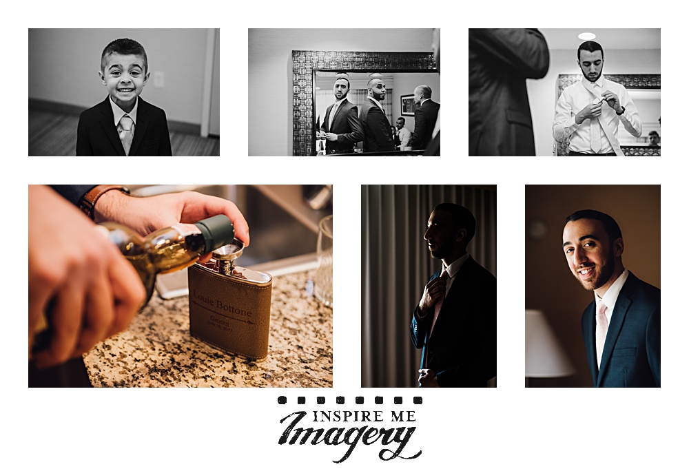 Groom prep photos! The ring bearer was too cute and happy to mug for the camera. Care is taken to get the ties just the right length, and also not to spill a drop when filling up the groom's personalized flask. Finally, portraits by windowlight.