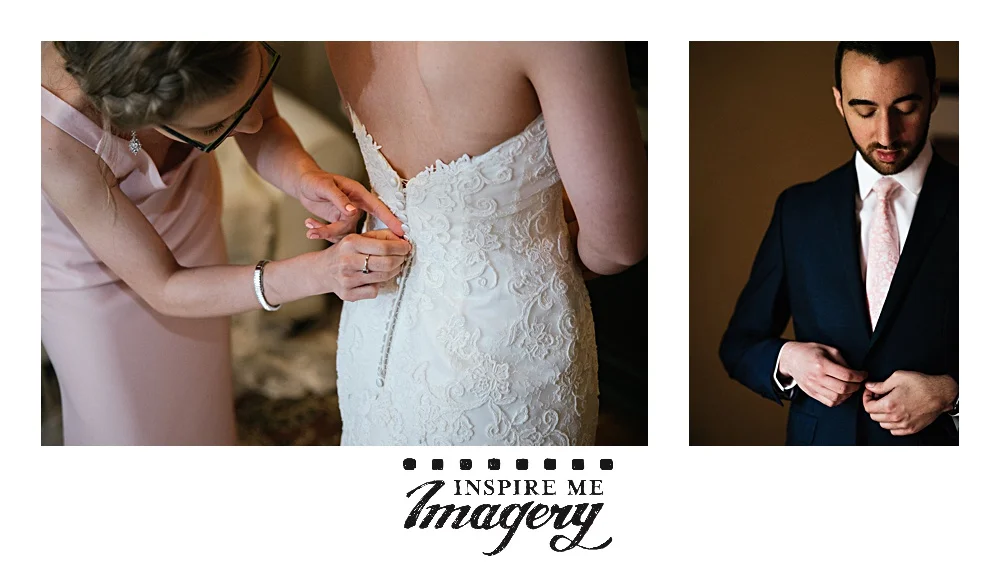 Working on the finishing touches for the bride and groom as they get ready.