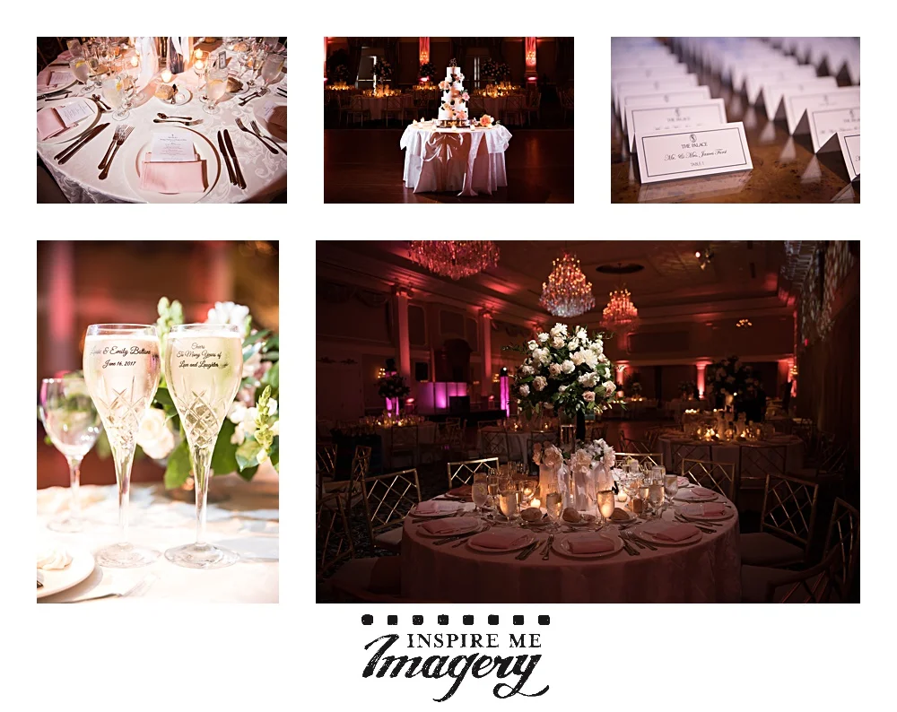Details from the wedding reception at the Palace at Somerset Park. Their personalized champagne flutes were beautiful, and the pinks and greens look beautiful together.