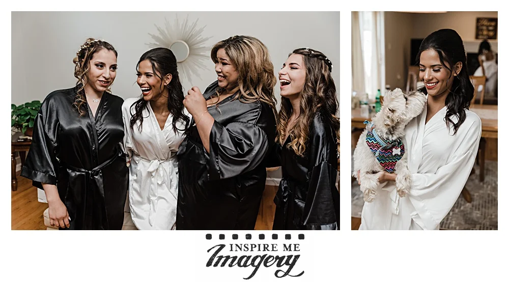 Time to get ready! The bride has a laugh with her girls and a cuddle with her pup.