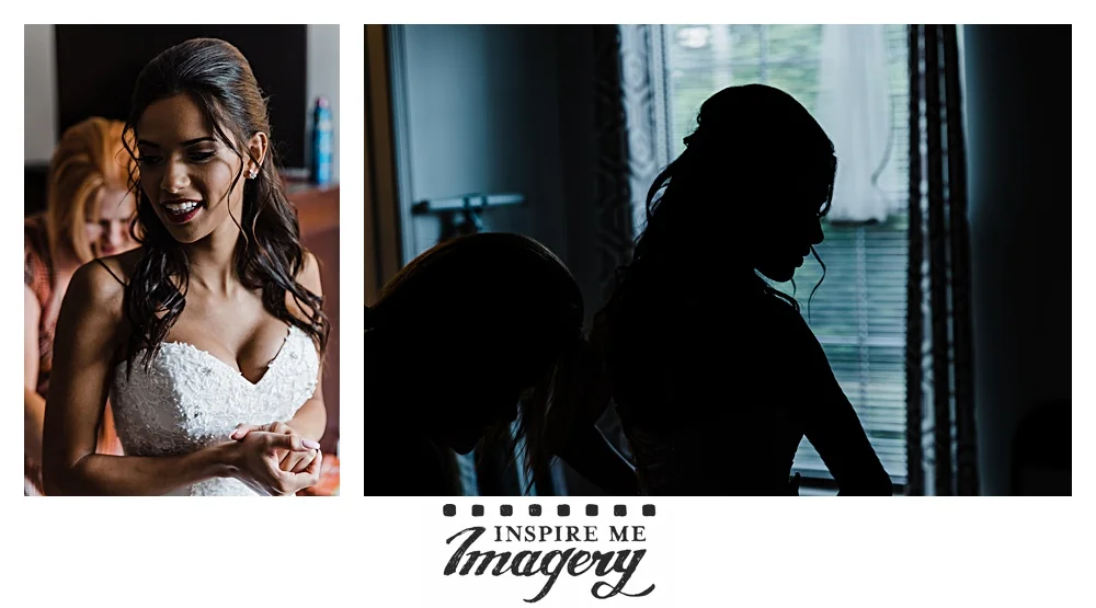 Getting the bride ready to go is always a team effort. Her hair was perfect, and the silhouette shows the delicate pieces left to hang free.