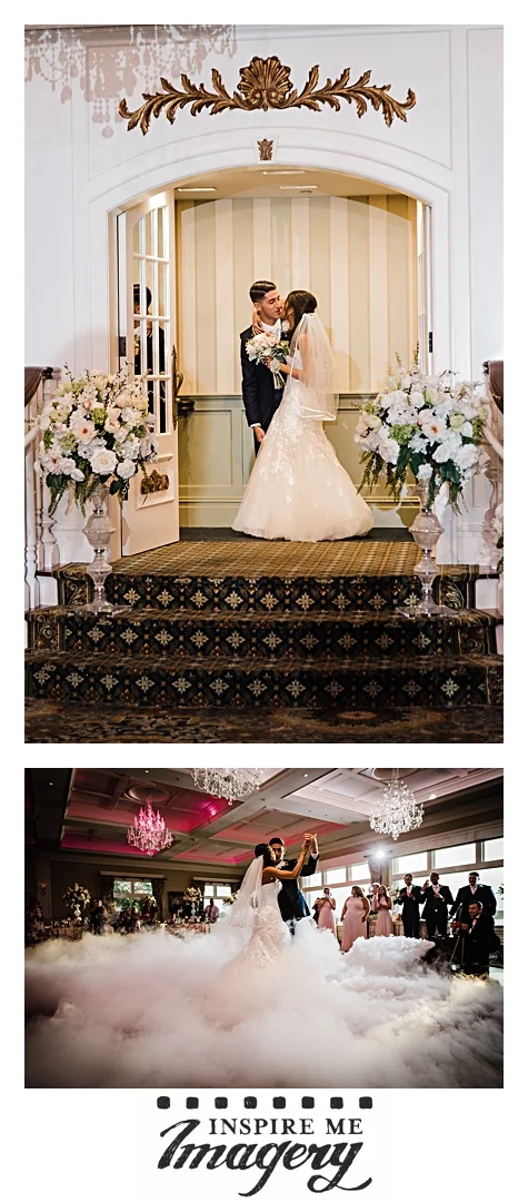 The doors open to reveal the bride and groom, and then they begin their first dance. The fog is such an awesome touch!
