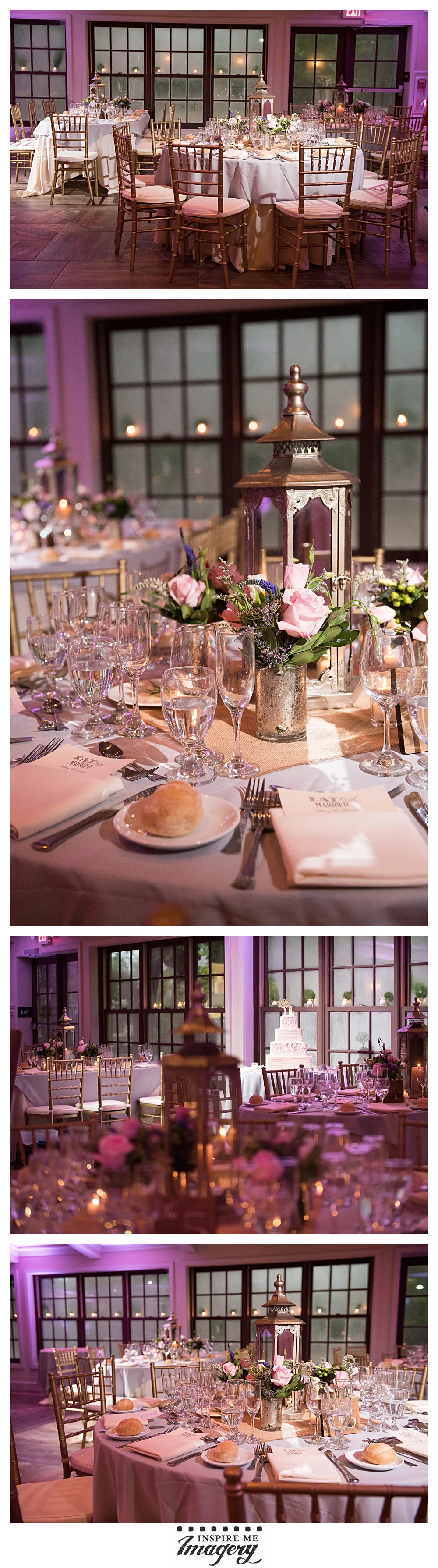 The reception area was gorgeous. The purple uplighting lent a beautiful mood to the candlelit room and complimented the soft flower arrangements. Look at those awesome lantern centerpieces!