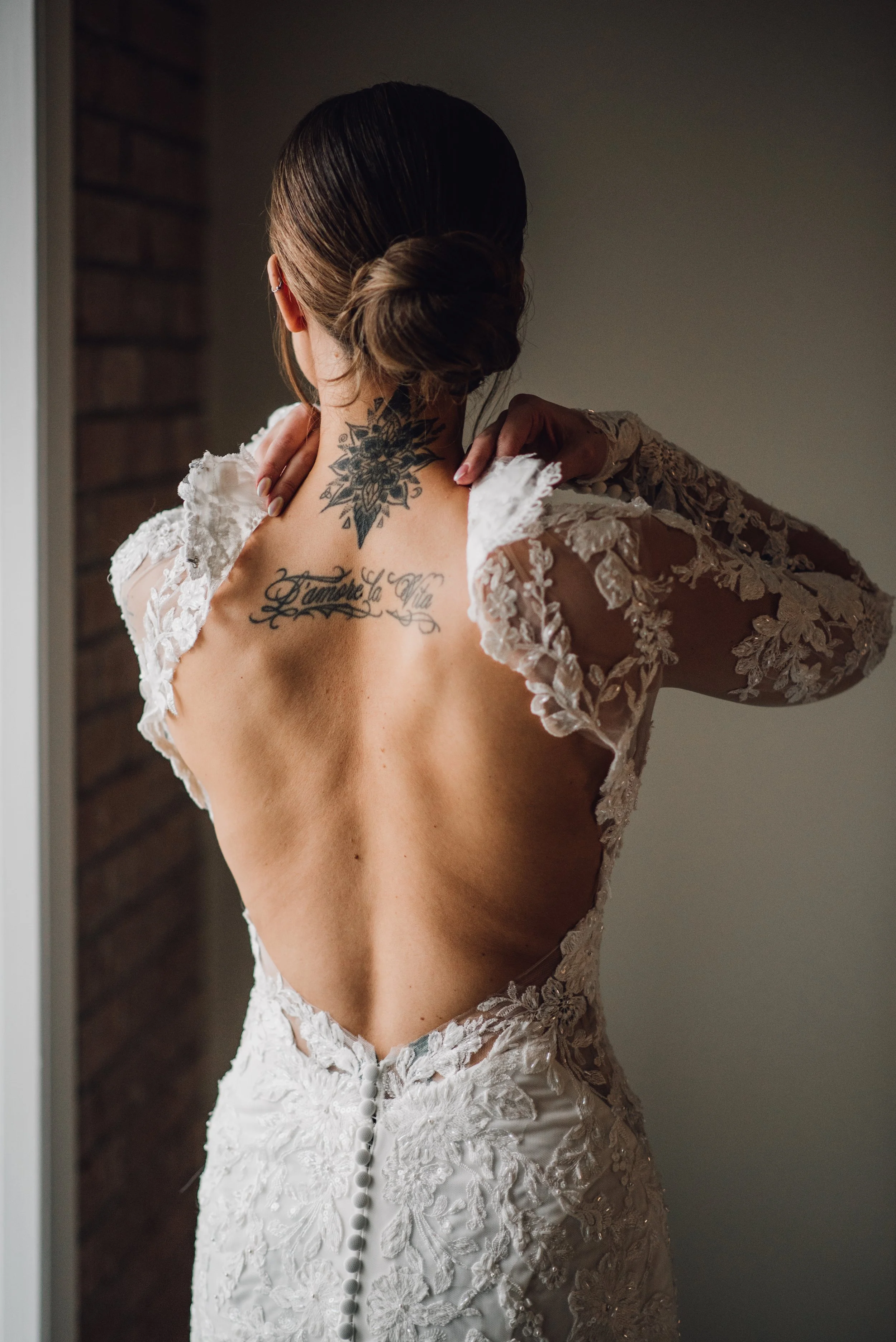tattooed bride wedding prep