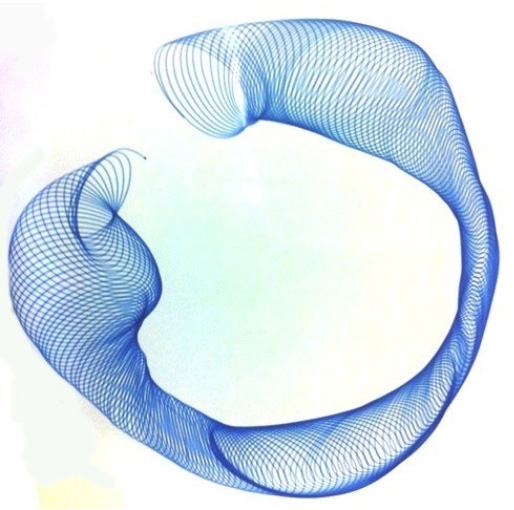 Mike Steveni, Machine drawing of a coiled tube, blue pen on glossy white
card, 1969, SA/AT/16/16/8