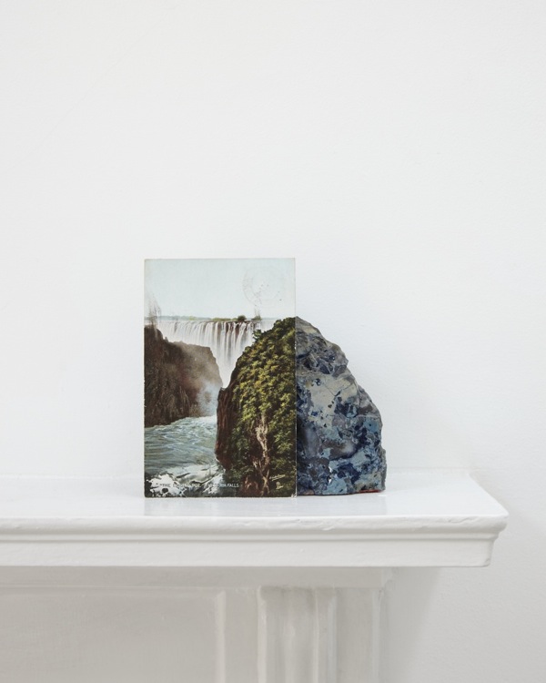 Stuart Whipps, photograph of postcard of Victoria Falls leaning against a geological sample from John Latham's mantlepiece, 2012