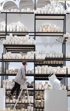 Clare Twomey with her installation Manifest: 10,000 Pots , York Art Gallery, 2015
