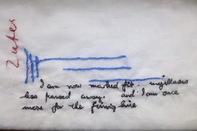 Rachel Lowther, embroidery tracing the handwriting of a World War I soldier writing home to say 'I am now once more for the firing line, 2015