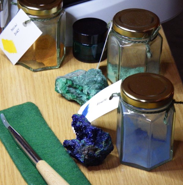Photograph of tools and materials in Toni Watts' workshop at Lincoln Cathedral, 2016. 