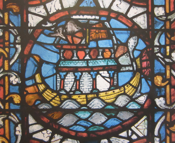 13th-century stained glass panel of Noah's Ark, east window, Lincoln Cathedral.