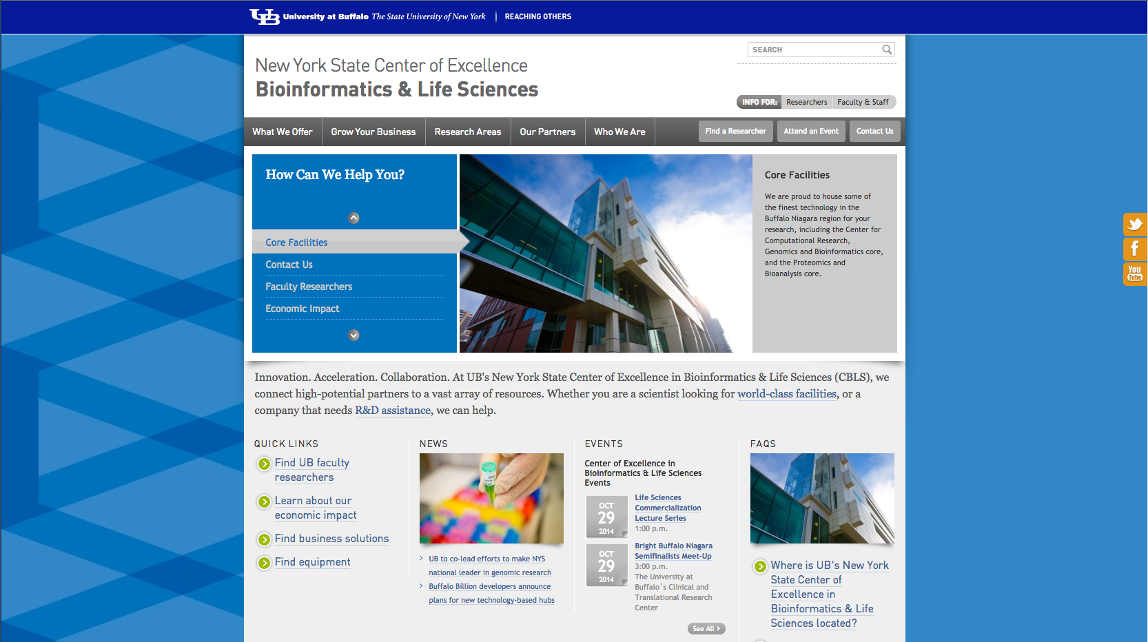 Project: Website ( click here to view) Client: UB's New York State Center of Excellence in Bioinformatics & Life Sciences