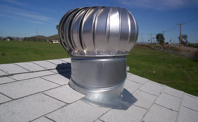 Galvanized turbine on roof.