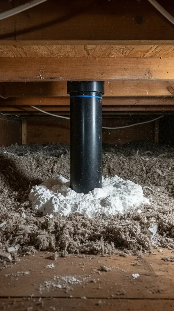 Image of a plumbing stack in an attic with spray foam to seal the pass through.